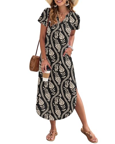 Image of MISFAY Women's Summer Maxi Dress 2026 Casual Short Sleeves V Neck Loose Sundress Split Long Beach T Shirt Dress
