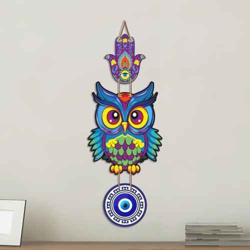 Image of Artvibes Multicolor Owl Evil Eye Wall Decor for Home Entrance | Nazar Battu MDF Decorative Hanging | Positive Energy Vastu Art for Living Room | Balcony | Office & Main Door | Gift Item (WH 8527N)