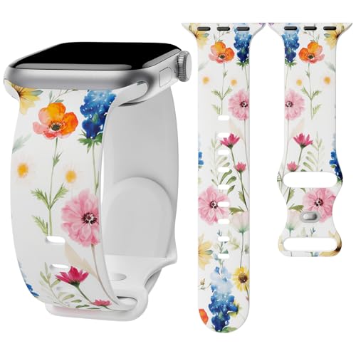Image of Floral Band Compatible with Apple Watch Bands for Women 40mm 42mm 41mm 38mm 44mm 45mm 46mm 49mm, Cute Pattern Flower Soft Silicone Sport Strap for iWatch Series Ultra 11 10 SE 9 8 7 6 5 4 3 2