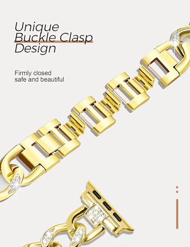 Image of JR.DM Gold Watch Bands for Women Compatible with Apple Watch 38mm 40mm 41mm 42mm(S10 /11) Bling Diamond Adjustable Metal Single Chain Bracelet for iWatch Series 11 /10 /9 /8 /7 /6 /5 /4 SE 3 /2 /1(No Case)