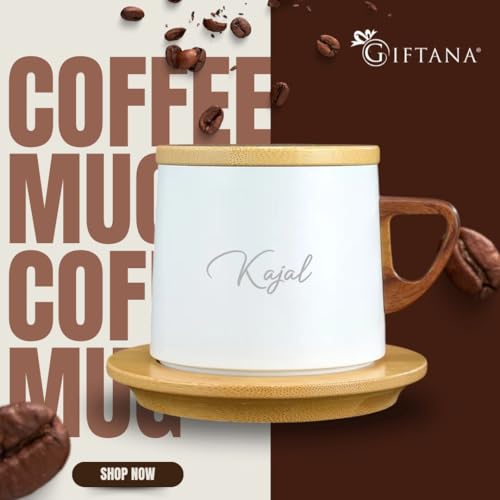 Image of Giftana Personalized Coffee Mug with Lid, Customized Tea Mug with Handle & Wooden Saucer, 250ml Coffee Cup for Home & Office, Rakhi Gift for Sister, Personalized Gift for Sister, Birthday Gift (White)