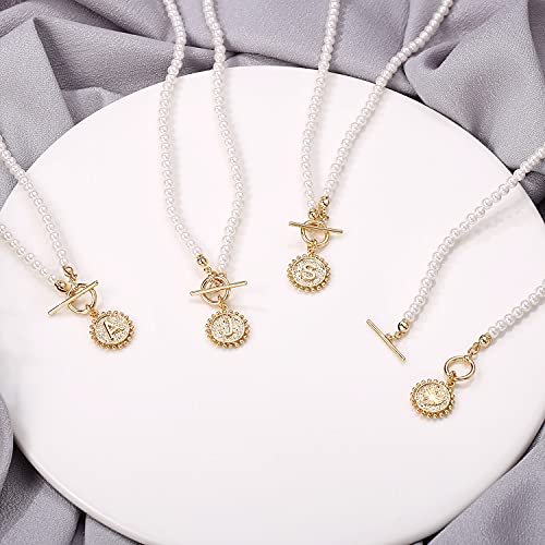 Initial Choker Pearl Necklace For Women, 14K Gold Plated Dainty Toggle Clasp Initial A Coin Pendant Pearl Necklace Handmade 4Mm Simulated Pearl Choker Necklace Jewelry Gifts For Women (A) #TOP6