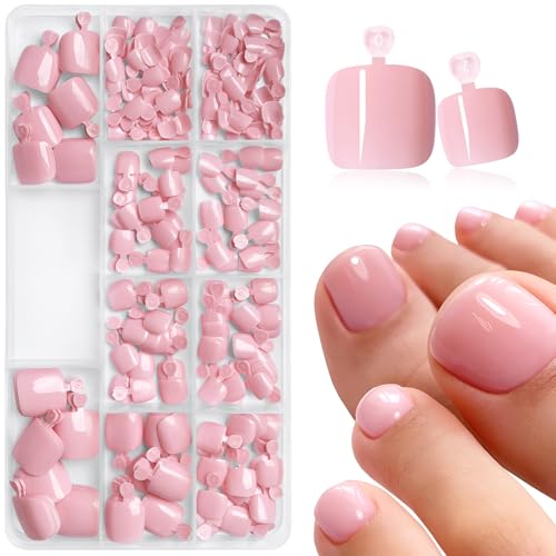 240pc Press on Toenails Women Fake Toe Nails with Tabs, Light Pink Fake Toenails Press on Nails Toe Acrylic Nail Tips Short Square Toenails Stick Artificial Toe Nails Press ons Pedicure