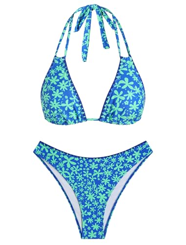 Image of ZAFUL Women Halter Dual Straps Whip Stitch Floral Triangle Bikini Swimsuits