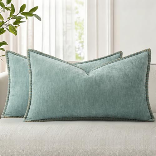 Image of decorUhome Fall Chenille Soft Cozy Throw Pillow Covers 12x20 Set of 2, Modern Farmhouse Boho Velvet Decorative Pillow Cases with Stitched Edge for Couch Sofa Bed Home Decor, Aqua Haze