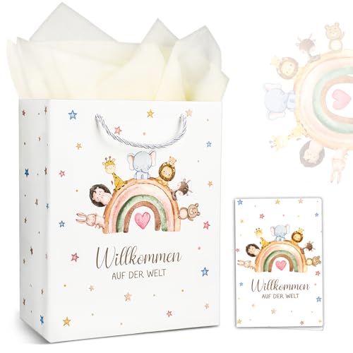 TUZELIYA Sacs cadeaux de naissance avec anse - Avec papier de soie - Carte de félicitations - Cadeau de naissance - Fête prénatale