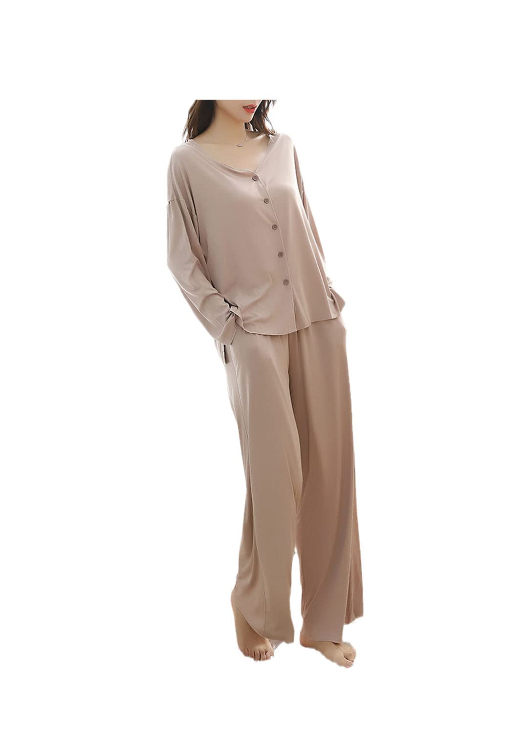 Conjunto de pijama de algodón suelto de manga larga para mujer, casual, otoño, invierno, cuello en V, caqui, L