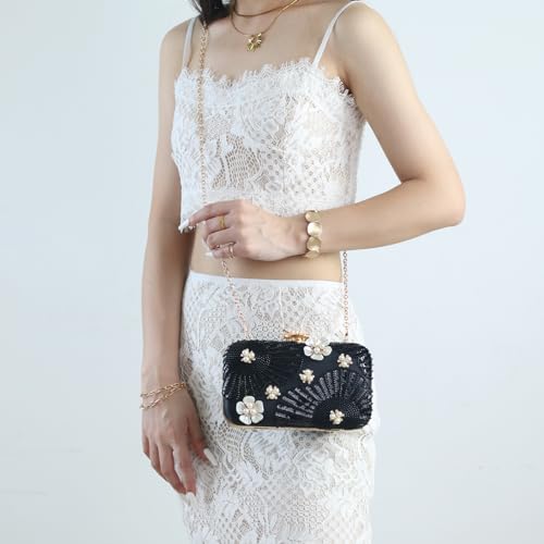Image of Women Pearls Beaded Clutch Flower Sequins Evening Handbag Chain Strap Shoulder Bag