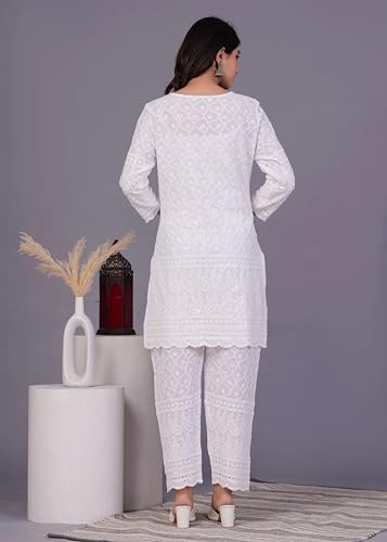 JG JAI GOVINDAM Indian Kurtis for Women Salwar Kameez Suit Set Indian Dresses Chikankari White Kurti Pant & Dupatta Set2