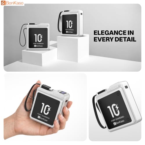 Image of Bonkaso 10000mAh 22.5W PD Power Bank with Inbuilt Type-C Cable, Digital Display, Metallic Silver Compact Portable Charger with Type-C Input & Output for Mobiles Tablets Earbuds