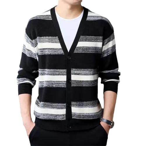 Men's Casual Knitted Pockets V-Neck Striped Single Breasted Cardigan Long Sleeve Sweater