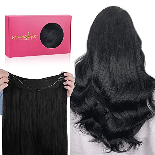 Image of WENNALIFE Wire hair extensions Real Human Hair 12 inch 70g Jet Black Remy Invisible Transparent Wire Fish Line, Straight Real hair