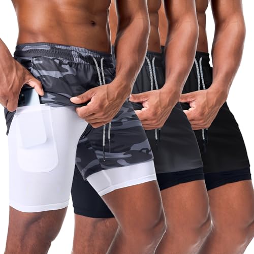 Surenow 3 Pack Mens Athletic Gym Shorts Quick Dry Workout Lightweight Shorts 2 in 1 Running Shorts for Men with Pockets