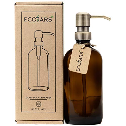 Dispensador de jabón de latón antiguo de acero inoxidable, con frasco de vidrio ámbar, sin BPA, respetuoso con el medio ambiente, 500 ml, caja de regalo de inauguración de la casa