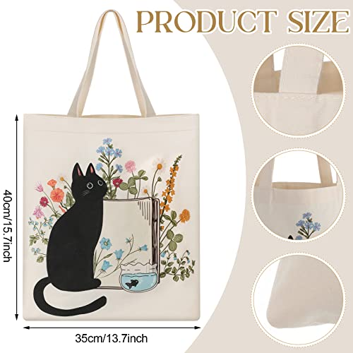 Oudain 4 Pcs Cat Tote Bag for Women Floral Book Space Mushroom Canvas Tote Bag Bulk Cute Aesthetic Library Shoulder Tote Bag