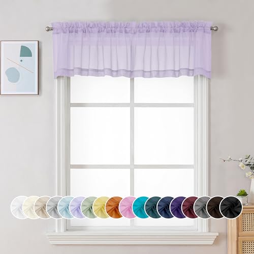 Image of Chyhomenyc Sheer Lilac Valances for Windows 2 Pack, Small Window Curtains for Living Room Bathroom Cafe Laundry Basement, Modern Top Dual Rod Pocket Voile Curtain, 42W x 14L inches, Lilac