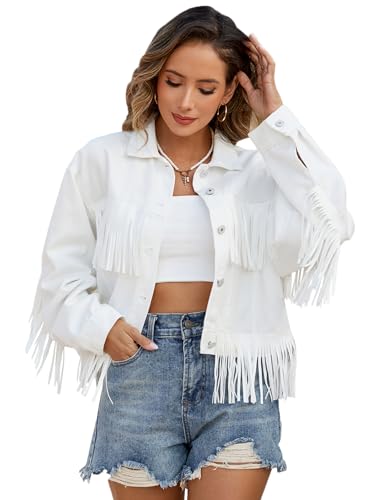 Women Fringe Cropped Trucker Jean Jacket Distressed Western Cowgirl Shacket Coat