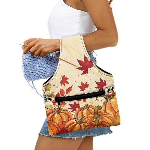 Image of KUIFORTI Maple Leaf Yarn Bag Crochet Tote Bag Pumpkin Yarn Storage Organizer Travel Wrist Tote Comfortable for Crocheting Lightweight for Knitting Accessories Fall Gifts