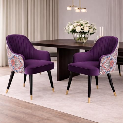 Image of Velvet Accent Chair | Modern Upholstered Dining Chair for Living Room, Office, Lounge & Vanity | Sturdy & Stylish Armchair (Floral, Purple)