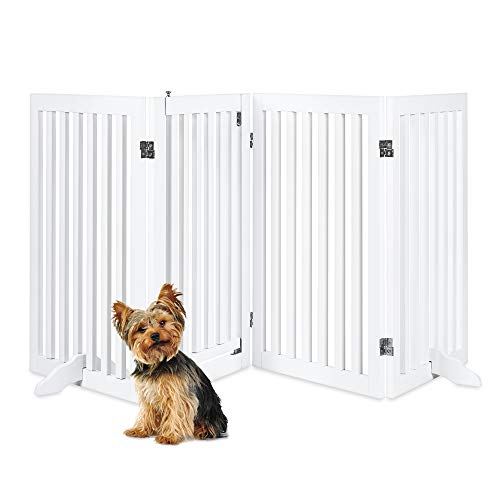 Best Choice Products 31.5in 4-Panel Freestanding Wooden Pet Gate w/Walk Through Door, Adjustable Pen, Support Feet - White
