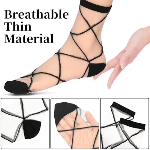 Image of Lusofie 5 Pairs Sheer Black See-Through Socks - Checkered Dot Striped Plaid Ankle Summer Socks for Women - Thin Fashion
