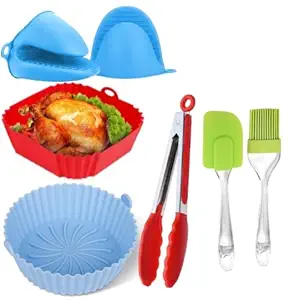 ZOVISU 1 Round & 1 Square Air Fryer Package - 7 Pack Air Fryer Liners & Accessories -Silicone Baskets/Pots/Liners with Oven Mitts, Basting Brush and 9 Inch Tongs