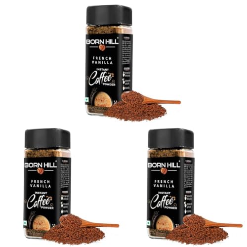 Image of BORN HILL French Vanilla Instant Coffee, 50g | 100% Arabica & 0% Chicory | Rich Vanilla Flavor | Makes 25 cups | Hot & Cold Brew | Vegan | Premium Coffee Powder (Pack of 3)