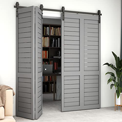 LQKUMJG 9FT/108inch Bi-Folding Sliding Barn Door Hardware Kit Flat Track for 4 Doors, Heavy Duty[Hardware Kit Only, No Door ]