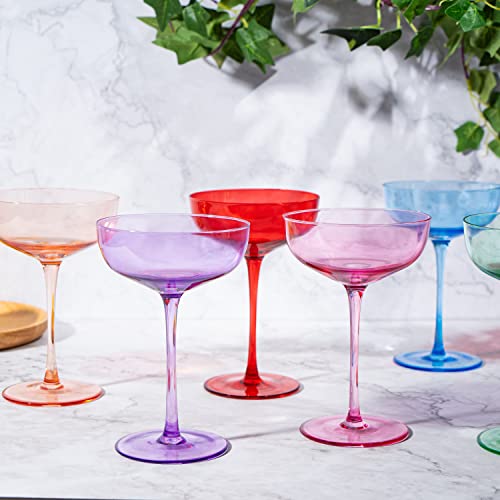 Colored Coupe Glasses | Set Of 6 | 7 Oz Classic Cocktail Glassware For Champagne, Martini, Manhattan, Cosmopolitan, Crystal Speakeasy Style Goblets Stems, Elegantly Color (Classic Multicolor) #TOP4