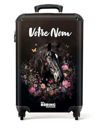 NoBoringSuitcases.com Valise Enfant Cabine Personnalisable 55x35x25cm - Tête de Cheval, Fleurs - Noir
