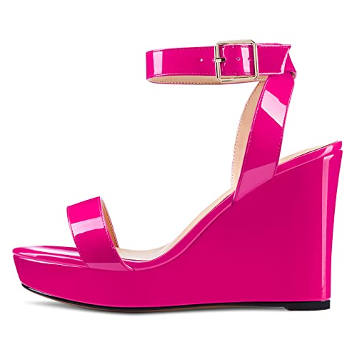 Image of Aachcol Women Platform Wedge Sandals Round Peep Open Toe Ankle Strap Slingback Two-Piece Chunky Block High Heel Dress Shoes Pumps Party Patent 4 Inch