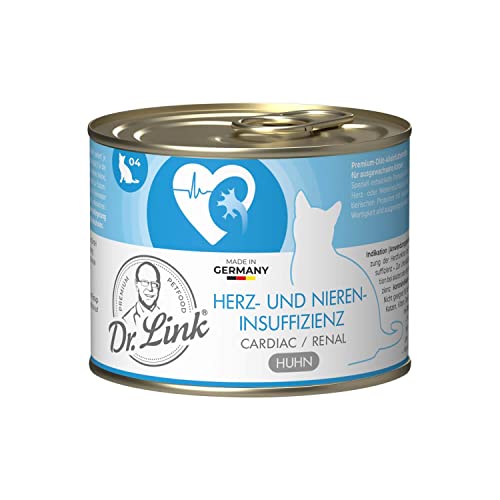 Dr. Link Spezial-Diät Katzenfutter für Katzen, Herz & Nieren – Premium Alleinfuttermittel mit Huhn, Unterstützung der Herz- & Nierenfunktion, Omega-3, hochwertige Proteine – 6x200g Dose