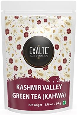 EXALTE TEA Kashmiri Kahwa Tea Green Tea 100%Natural Spices -Loose Leaf for Everyday Wellness-Low Caffeine, Blend Of Darjeeling Green Tea, Almonds, Cardamom, Cloves, Cinnamon, Rose Petals (1.76 Ounces)