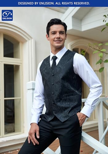 Enlision V3-02 Men's 3PCS Formal Vest Set Paisley Tuxedo Vest & Tie for Wedding Prom Party and Business (Slim Fit)2