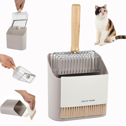 Xygobla Cat Litter Scoop with Holder Stainless Steel Litter Scoop + Portable Dustpan + Broom Ergonomi Caputres All Clumps Heavy Duty Scooper with Coarse and Fine Grid Fast Sieving Easy to Clean