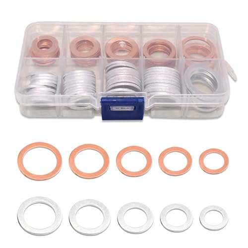 Image of 100 PCS Oil Drain Plug Crush Washer, M10 M12 M14 M16 M18 2 Material Gasket Combination Set, High Temperature Resistant Leak-Proof Seals with Storage Case, for Most Cars (Silver & Gold)