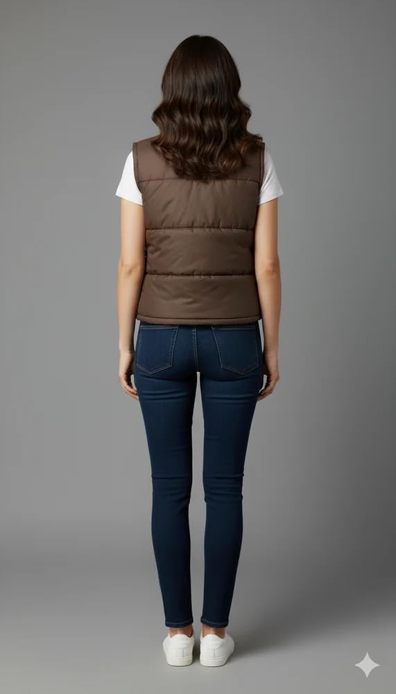 LUISSA Women Quilted Sleeveless Puffer Jacket | Lightweight Zip-Up Winter Vest with | Casual Regular Fit Warm Outerwear for Travel, Daily Wear & Outdoor Activities (IN, Alpha, L, Regular, BROWN) 4