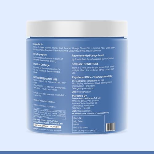 Image of Collagen Peptides Supplement for Skin, Hair, Nails | Vitamin C, E and Grape Seed Extract| For Healthy Skin,Hair | Marine Collagen Powder for Women & Men | Orange Flavour | 200g
