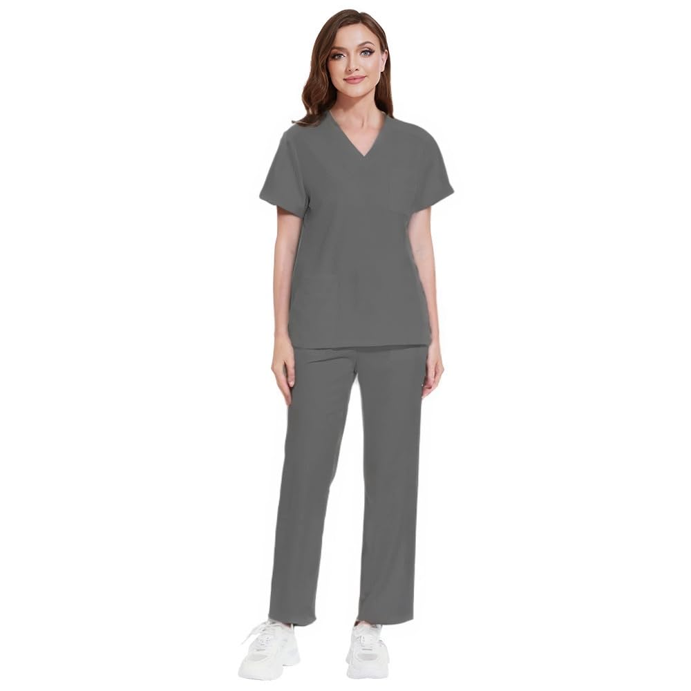 Scrubs DK77 Ensemble d'uniforme médical pour femme avec col en V, manches courtes, pantalon à jambe droite, 8 poches, cordon de serrage extensible, évacuation de l'humidité