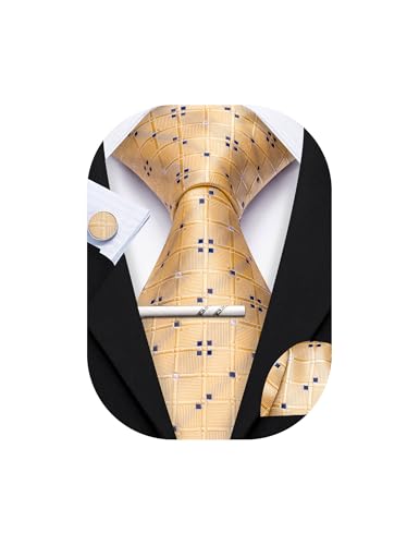 Image of YOHOWA Men Plaid /Striped Ties Set Silk Business Wedding Formal Fashion Necktie and Pocket Square Cufflinks Set