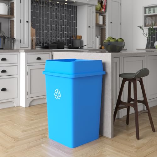 Image of 35 Gallon Blue Square Commercial Trash Garbage Can with Lid | Outdoor Office Restaurant School Kitchen