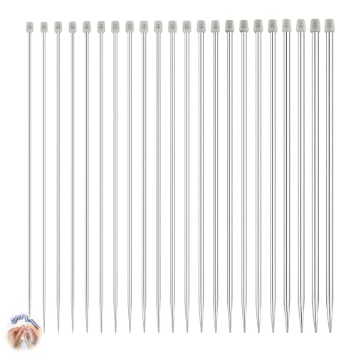 22 Pcs Metal Knitting Needles Set Stainless Steel Pointed Knitting Needle Set with 11 Pairs Straight Single Pointed Needles 2-8mm Durable Long Knitting Pins Kit for Beginners & Professionals