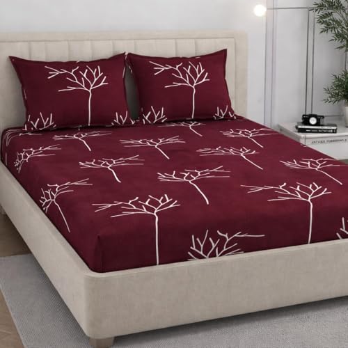 Image of 350 TC Premium Heavy Cotton Feel Elastic Fitted Bedsheet Queen Size with 2 Pillow Covers || Double Bed with All Around Elastic (Maroon Tree, Fitted -60x78 Queen)