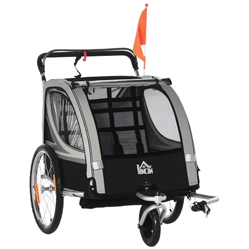 HOMCOM Remolque Infantil 2 en 1 Plegable para Bicicleta con Rueda Delantera Desmontable, Frenos en Las Ruedas traseras para 2 niños a Partir de 18 Meses