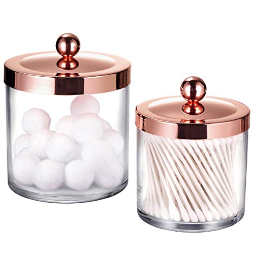 SheeChung 2-Pack Plastic Apothecary Jars with Rose Gold Metal Lids - 25oz & 15oz Clear Acrylic Qtip Holder Set - Shatterproof Bathroom Vanity Organizer for Cotton Balls Swabs Pads - Luxury Decor