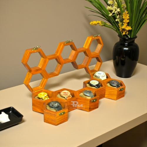 Image of Wooden Watch Box For Men & Women, 7-Slot Honeycomb Watch Organizer Case, Handmade Wooden Watch Storage Box, Unique Gift For Him & Her, Vintage Display Case,Gift For Men /Women