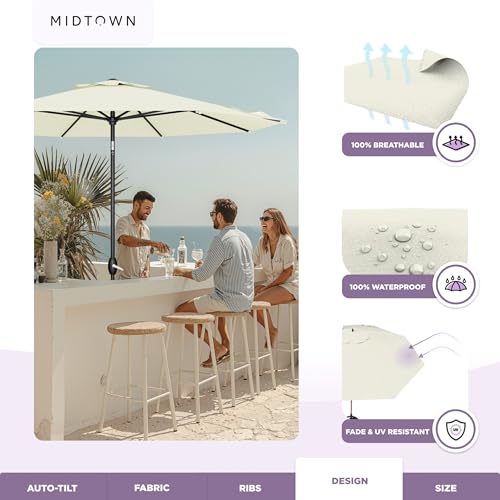 Image of Midtown Umbrellas - The Lean 8 Ft Patio Umbrella with 10-Year-No-Fade Acrylast Acrylic Fabric, Auto-Tilt and 8 Reinforced Ribs for Deck, Pool, Garden, Hotel & Cafes - Canvas Cream Canopy, Black Pole
