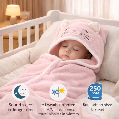 Image of BRANDONN Baby Blankets New Born Pack of Hooded Wrapper Blanket Or Baby Bath Towel (Pink Dog, 0-12 Months, 75 cm x 75 cm)