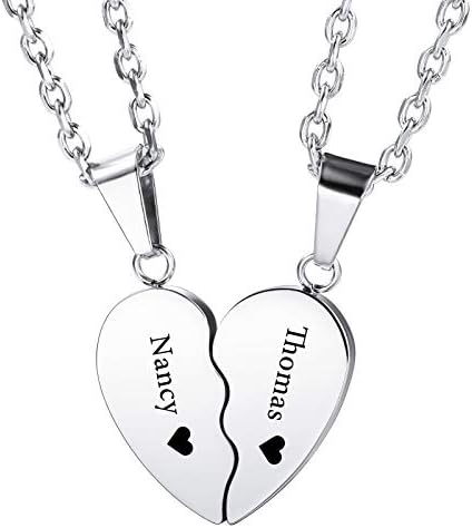 INBLUE Personalized Couple Necklace Custom Engraving Name Date for Men Women Boyfriend Girlfriend Birthstone Matching Heart Pendant Stainless Steel Adjustable Chain Lover Relationship Gift