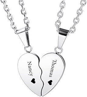 INBLUE Personalized Couple Necklace Custom Engraving Name Date for Men Women Boyfriend Girlfriend Birthstone Matching Heart Pendant Stainless Steel Adjustable Chain Lover Relationship Gift